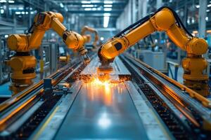 Robotic arms welding metal on automated assembly line in factory photo