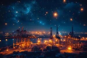 Industrial port working at night under starry sky with cranes and containers photo
