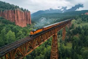 Train crossing a bridge in the mountains of Colorado photo