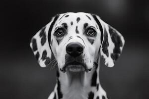 Black and white portrait of beautiful Dalmatian dog looking intensely photo