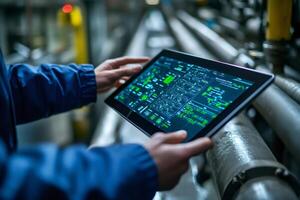 Industrial engineer using digital tablet, monitoring production process in factory photo