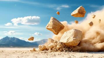 Rocks exploding on a desert ground creating dust under blue sky photo