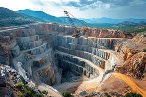 Large crawler crane working in an open pit mine extracting minerals photo