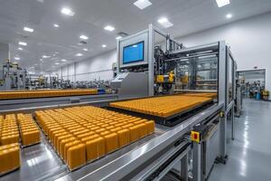 Automated production line processing rectangular orange products in modern factory photo