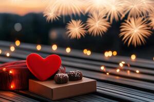 Chocolate, red heart and fireworks exploding during romantic evening photo