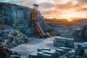 Stone quarry machinery processing rocks at sunset photo