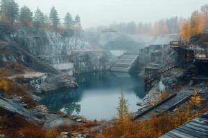 Misty quarry with still water and autumn trees photo