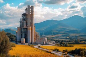 Cement factory polluting the environment with mountains in the background photo