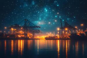 Industrial port with cargo cranes and container ship at night under starry sky photo