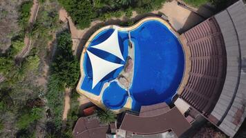 An aerial view of a swimming pool with a large umbrella video