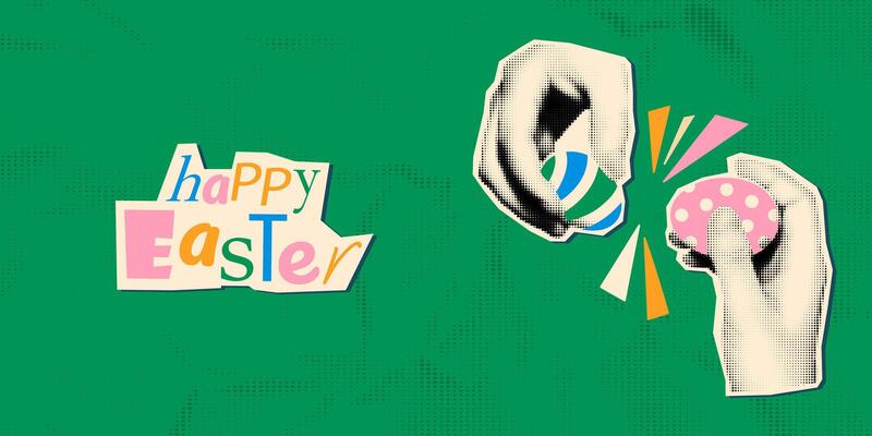 Happy Easter modern retro halftone art collage banner template. Cut out magazine shapes of hands holding Easter eggs tapping or knocking them together. Trendy mixed media illustration