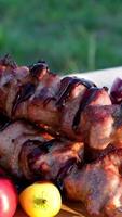 drizzle teriyaki sauce over the kebab Shish kebab is grilled on skewers. Meat kebab is cooked on skewers. marinated barbecue meat shashlik shish kebab outdoors picnic. Hot beef shashlik prepares video