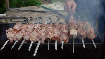 Pieces of raw pork meat are grilling on skewers over charcoal in a barbecue grill, with smoke rising from the hot coals, creating a delicious aroma video