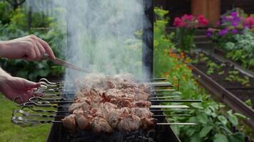 Skilled barbecue chef carefully turning marinated meat skewers smoke rising over glowing hot coals, grilling in blooming garden with vibrant summer atmosphere video