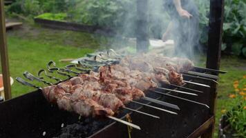 Sizzling pork shashlik kebabs grilling over open fire, professional chef carefully basting meat with sauce in sunny backyard garden setting video