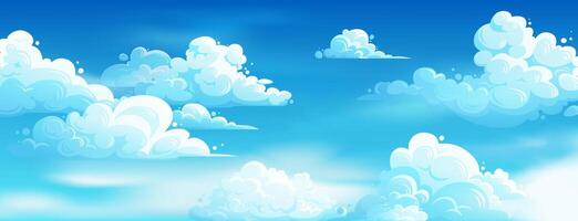 Blue sky with clouds. Sunny day sky scene with cumulus clouds. Sunlight landscape in winter, spring, and summer for banner, poster, web. Cartoon heaven with clear weather and clouds. Sky background vector