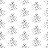 Three-tier cake with various decorations. Dessert on a plate. illustration. Doodle style. Seamless pattern. vector