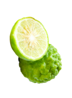 Green bergamot fruit or kaffir lime with half in strange stack isolated with clipping path in file format png