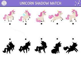 Unicorn shadow matching activity with cute horses with horns and pink mane. Magic world puzzle with cute characters. Find correct silhouette printable worksheet, game. Fairytale page for kids vector