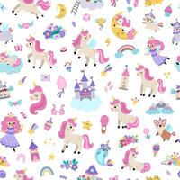 unicorns seamless pattern. Repeat background with fairytale characters, fairy, animals with horns, castle on cloud, rainbow, falling stars, crystals, sweets. Fantasy world digital paper vector