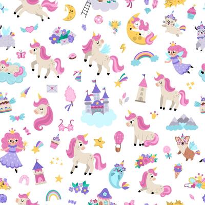 unicorns seamless pattern. Repeat background with fairytale characters, fairy, animals with horns, castle on cloud, rainbow, falling stars, crystals, sweets. Fantasy world digital paper