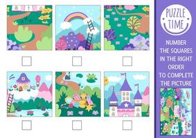 unicorn activity. Fairytale complete the picture logic game with fantasy country landscape. Fun printable worksheet for kids. Find right piece of the puzzle. Number squares in the right order vector