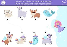Unicorn matching activity with cute fantasy creatures with horns. Funny fairytale puzzle with cat, dog, whale, llama. Match the animals game or printable worksheet. Magic world match up page vector