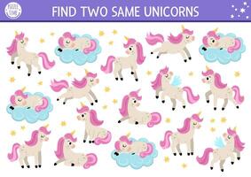 Find two same unicorns. Magic world matching activity for children. Fantasy or fairytale educational quiz worksheet for kids for attention skills. Simple printable game with cute pony, stars, clouds vector