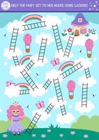 Unicorn maze for kids with little princess, rainbow. Magic world preschool printable activity. Simple fairytale labyrinth game or puzzle. Help the fairy get to her house on clouds using ladders vector