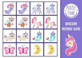 unicorn memory game cards with cute animals with horns and fairy. Magic, fantasy world matching activity. Remember and find correct card. Fairytale printable worksheet for kids vector