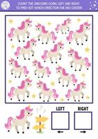 Transportation logic game with right and left concept for kids. I spy searching, counting activity with car. Transport printable space orientation worksheet for children. Simple spotting puzzle vector