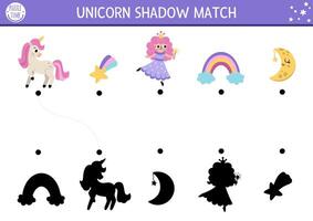 Unicorn shadow matching activity with rainbow, fairy, falling star, half-moon. Magic world puzzle with cute characters. Find correct silhouette printable worksheet, game. Fairytale page for kids vector