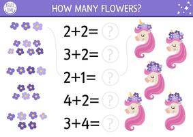 How many flowers game with cute unicorn head and pink mane. Magic, fairytale math addition activity for preschool children. Simple fantasy world printable counting worksheet for kids vector