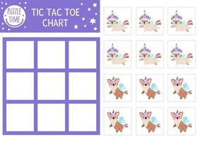 unicorn tic tac toe chart with cute animals with horns. Magic, fantasy world board game playing field with cute cat and corgi dog. Fairytale printable worksheet. Noughts and crosses grid vector