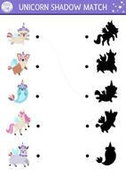 Unicorn shadow matching activity with animals with horns. Magic world puzzle with cute characters. Find correct silhouette printable worksheet, game. Fairytale page for kids with cat, dog, llama vector