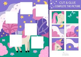 unicorn cut and glue activity. Fairytale crafting game with cute animal, magic forest landscape. Fill up the scene with square sticker. Find the right piece of puzzle. Complete the picture vector