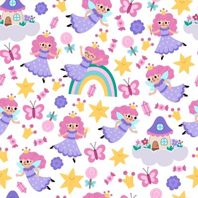 seamless pattern for unicorn or little princess birthday party. Repeat background with stars, rainbow, fairy in purple dress, flowers, butterflies. Fantasy world or fairytale digital paper
