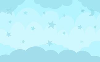 blue abstract background with clouds and stars. Magic or fantasy world scene with place for text. Cute fairytale horizontal nature landscape for card, social media post. Night sky illustration vector