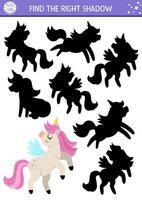 Unicorn shadow matching activity with cute horse with horn, pink mane, wings. Magic world puzzle with cute character. Find correct silhouette printable worksheet, game. Fairytale page for kids vector