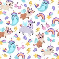 seamless pattern for unicorn birthday party. Repeat background with fantasy animals with horns, falling star, crystal, sunglasses, rainbow. Fairytale digital paper with narval, llama, cat, dog vector