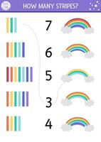 Match the numbers unicorn game with rainbow, clouds and colored stripes. Magic or fairytale math activity for preschool kids. Fantasy world or color learning educational counting worksheet vector