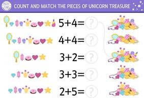 Mathematic game with cute unicorn treasures. Magic, fairytale math addition activity for preschool children. Simple fantasy world printable counting worksheet for kids. How many crystals vector