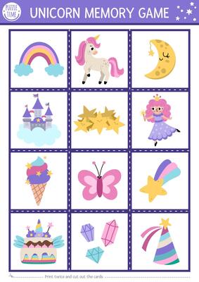 unicorn memory game cards with cute rainbow, falling star, fairy. Magic, fantasy world matching activity. Remember and find correct card. Fairytale printable worksheet for kids