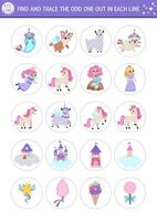 Find the odd one out. Unicorn logical activity for kids. Fantasy or magic world educational quiz worksheet for attention skills. Printable fairytale game with fairy, mermaid, narval, castle vector