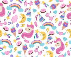 seamless pattern for unicorn birthday party. Repeat background with falling star, crystal, sunglasses, doughnut, rainbow, sweets. Fantasy world or fairytale digital paper vector
