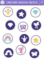 Unicorn shadow matching activity with rainbow, star, butterfly, crystal. Magic world puzzle with cute objects. Find correct silhouette printable worksheet, game. Fairytale page for kids vector