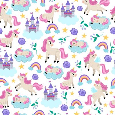 seamless pattern for unicorn birthday party. Repeat background with stars, castle on cloud, rainbow, purple flowers. Fantasy world or fairytale digital paper
