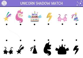 Unicorn shadow matching activity with rainbow cake, birthday cap, falling star. Magic world puzzle with cute characters. Find correct silhouette printable worksheet, game. Fairytale page for kids vector