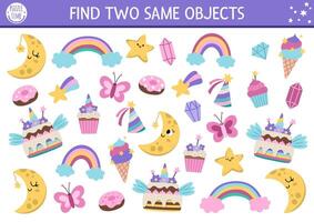 Find two same objects. Magic world matching activity for children for unicorn themed party. Fantasy or fairytale educational quiz worksheet for kids for attention skills. Simple printable game vector