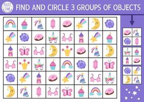 Unicorn seek and find game with magic elements. Attention skills training puzzle with rainbow, crystal, star. Fairytale printable activity for kids. Find groups of objects. Fantasy searching puzzle vector